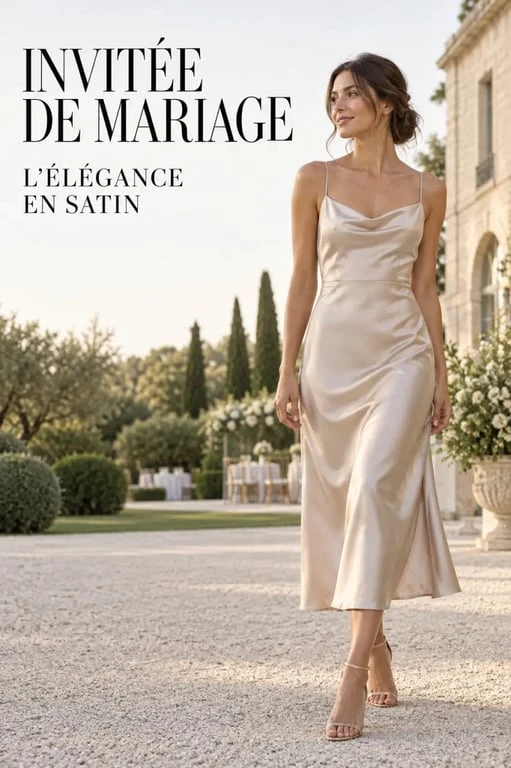 Robe de cocktail mariage longueur midi portée en extérieur