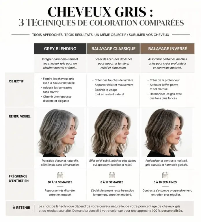 Tableau comparatif des techniques de balayage pour une transition réussie vers les cheveux gris.