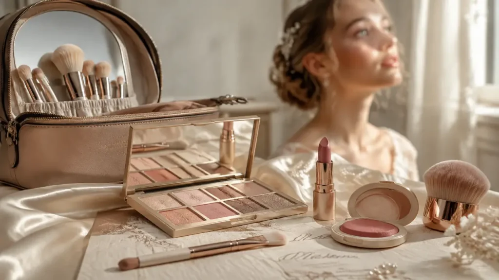 Maquillage mariage rose poudré : palette nude rosé et lèvres satinées sur kit