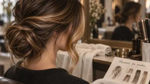 Meche blonde sur brune : mèches caramel et miel fondues