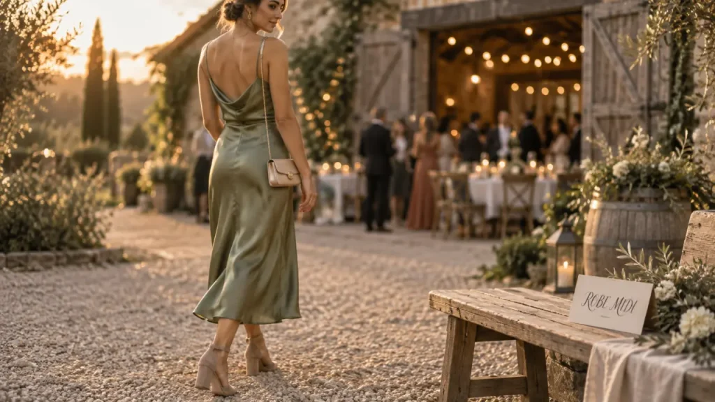 Robe de cocktail mariage midi vert sauge à la cérémonie