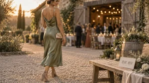 Robe de cocktail mariage midi vert sauge à la cérémonie