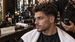 Tendance homme coiffure : texture et taper doux, gros plan peigne et cire mate