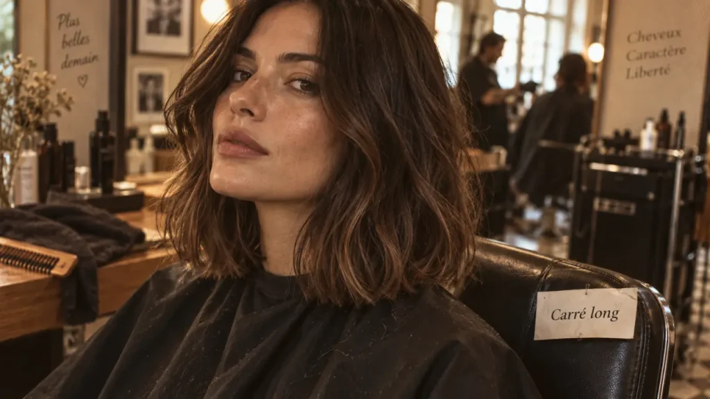 Carré long cheveux épais sans effet casque, pointes allégées