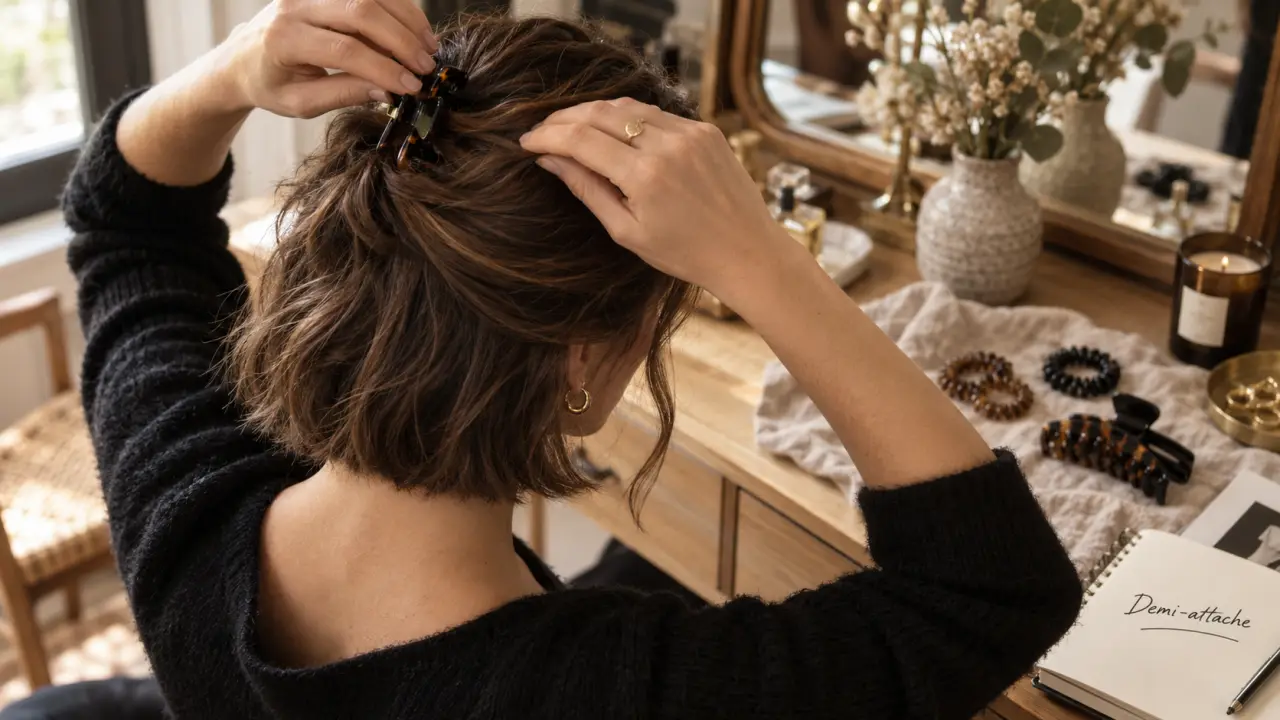 Cheveux courts attachés : demi-attache pour dégager la nuque sans tirer