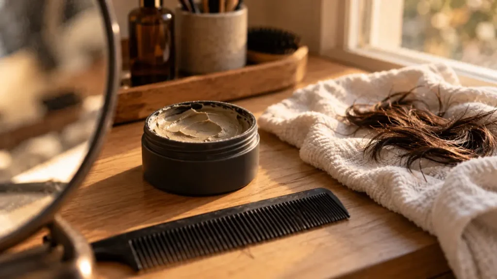 Cire mate : pot sur coiffeuse, cheveux texturés, sans brillance