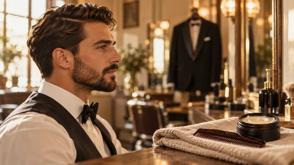 Coiffure mariage homme : barbe soignée, cheveux texturés, look naturel