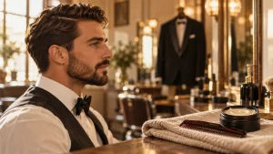 Coiffure mariage homme : barbe soignée, cheveux texturés, look naturel