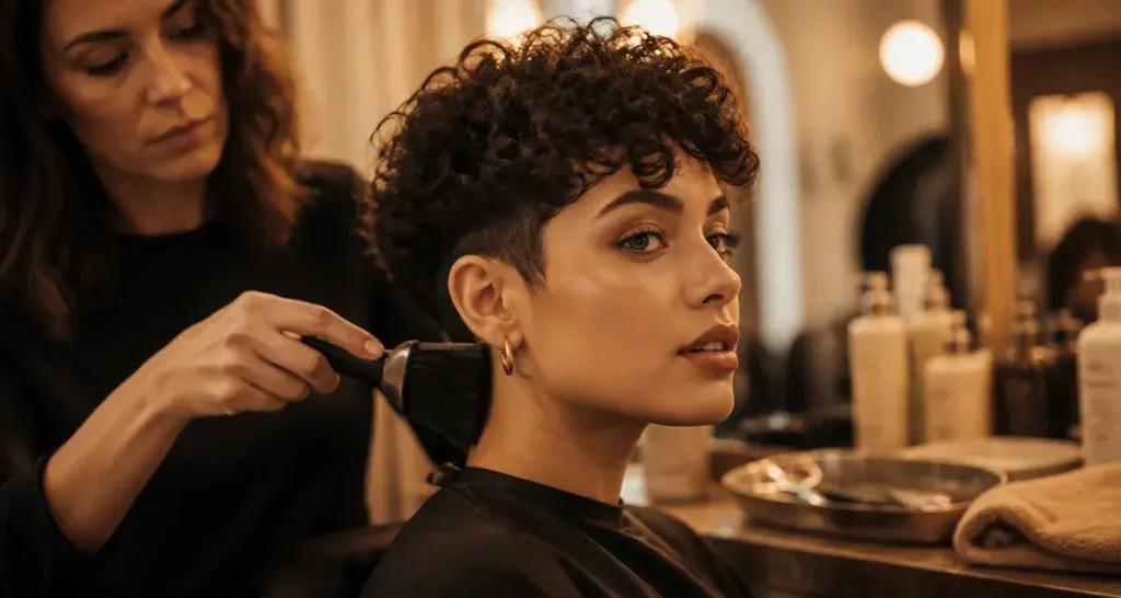 Coiffures courtes frisées et dégradé en salon de coiffure