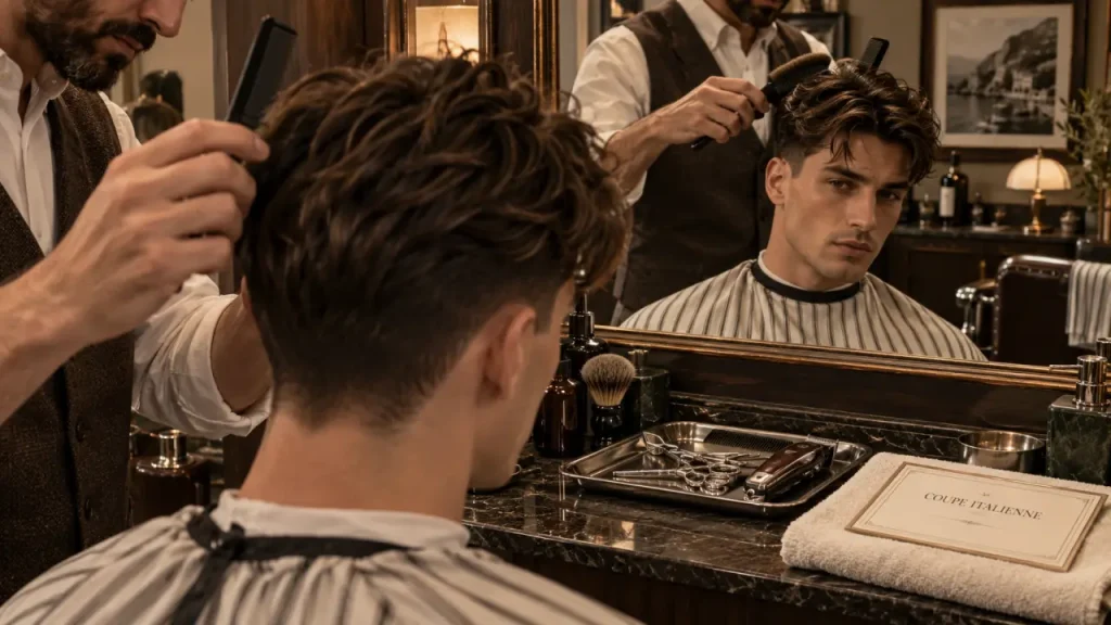 Coupe à l'italienne homme : tempes courtes et frange modulable