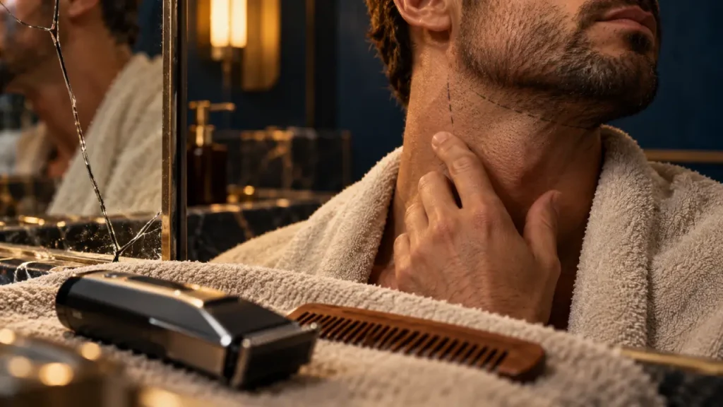 Coupe barbe homme : relief au menton et contours précis, tondeuse et peigne en salle de bain