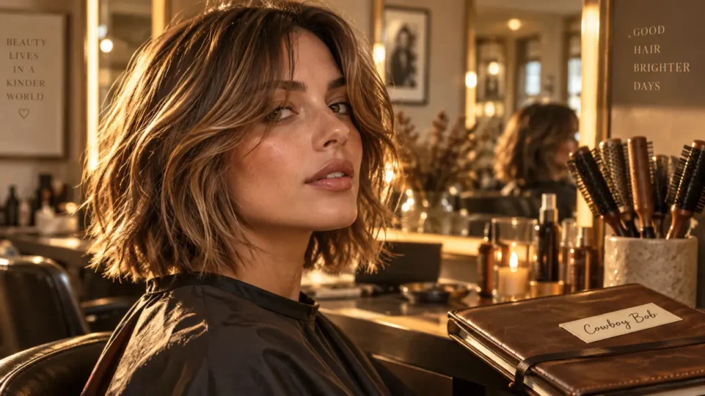 Cowboy bob coiffure : carré texturé sans brushing, volume et frange rideau