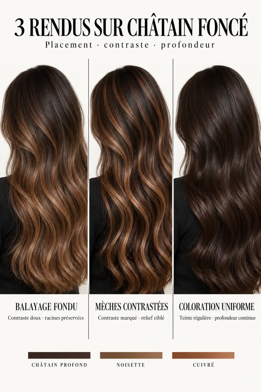 Infographie comparative des techniques pour cheveux châtain foncé : balayage, mèches et coloration uniforme
