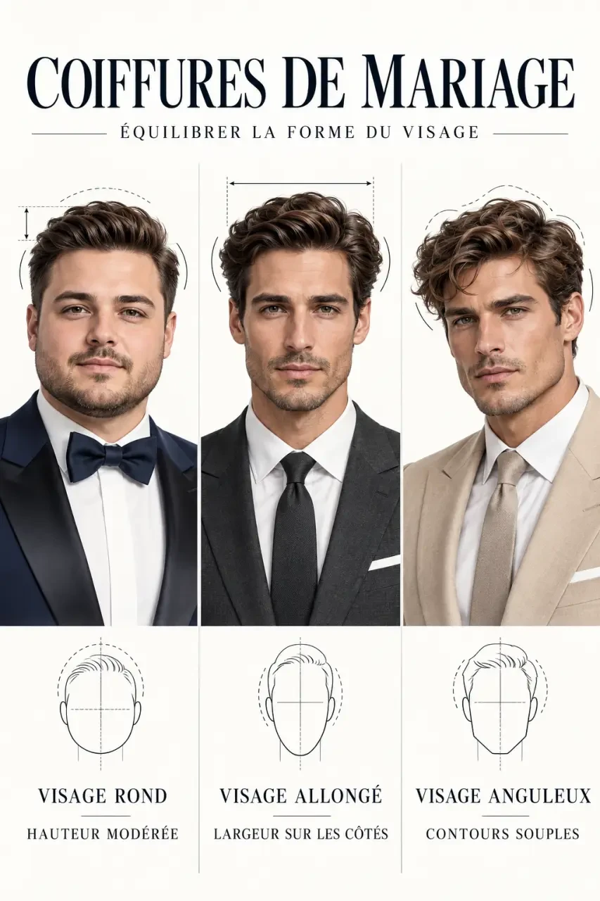 Coiffure mariage homme adaptée à différentes formes de visage et styles de costume
