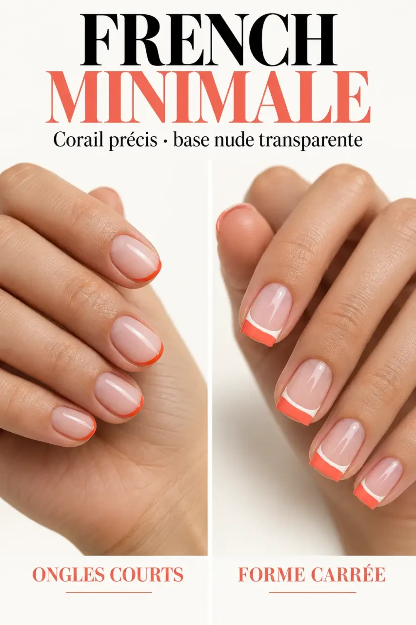 Inspiration ongles avec french corail fine sur ongles courts et ongles carrés