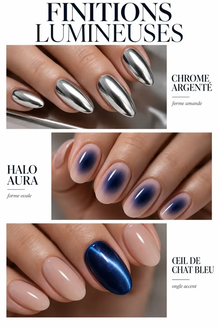 Inspiration ongles avec chrome argenté, effet aura et œil de chat bleu profond