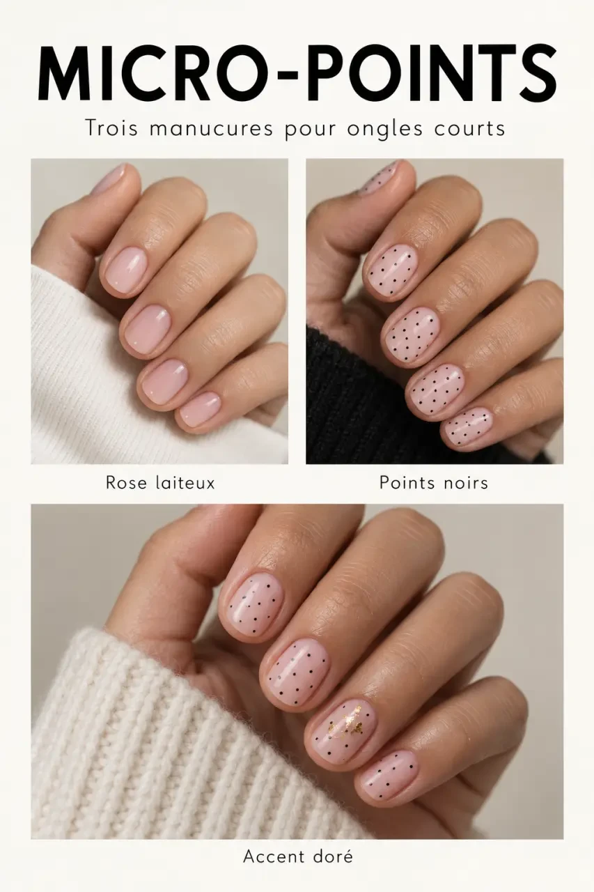 Inspiration ongles courts avec manucure rose laiteux, micro-points noirs et accent doré
