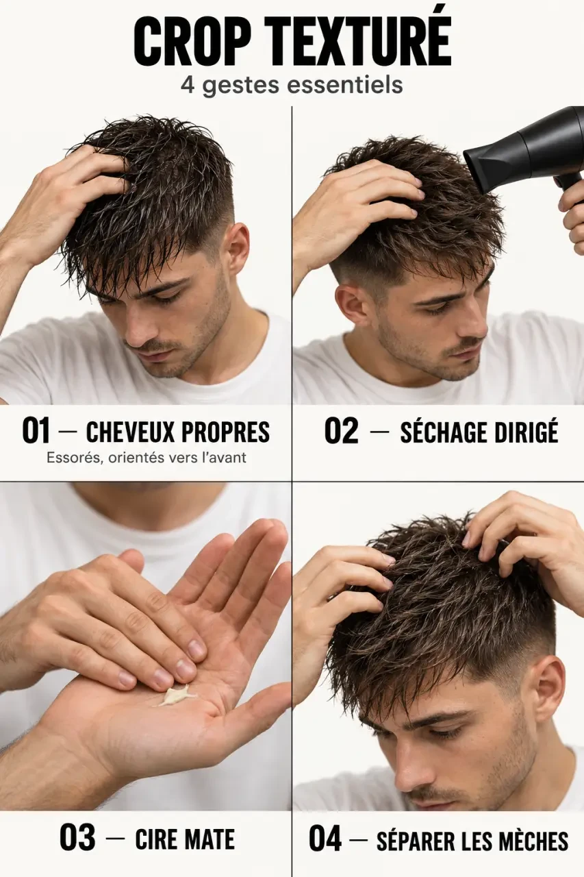 Étapes de coiffage d’un crop texturé homme avec sèche-cheveux et cire mate