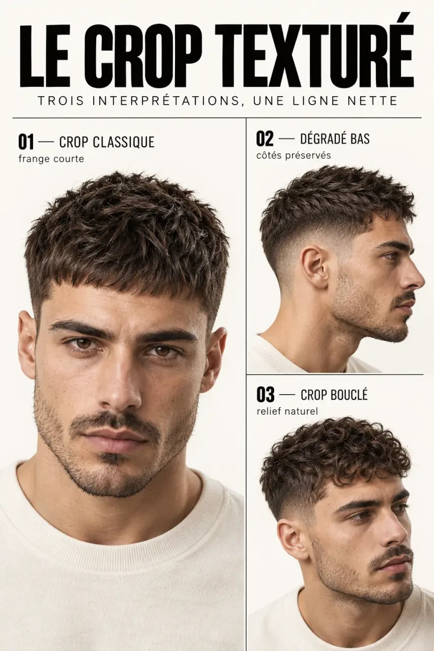 Variantes de crop texturé homme classique, avec dégradé bas et sur cheveux bouclés