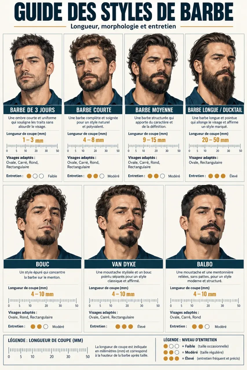 Infographie comparative des styles de coupe barbe homme selon la longueur et l’entretien