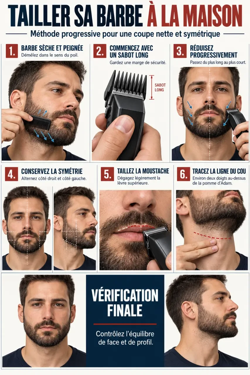 Étapes illustrées pour réaliser une coupe barbe homme et dessiner la ligne du cou