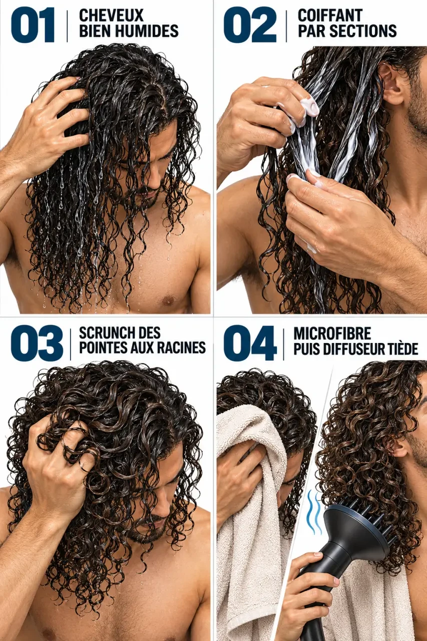 Routine de définition et de séchage pour cheveux long bouclé homme