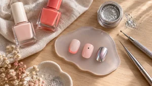 Inspiration ongles nude laiteux et effet chrome