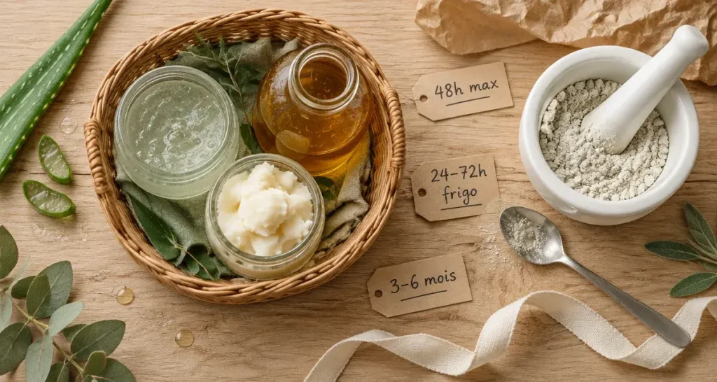 Soins naturels maison : conservation 48h en flacons verre, aloe, huile et karité